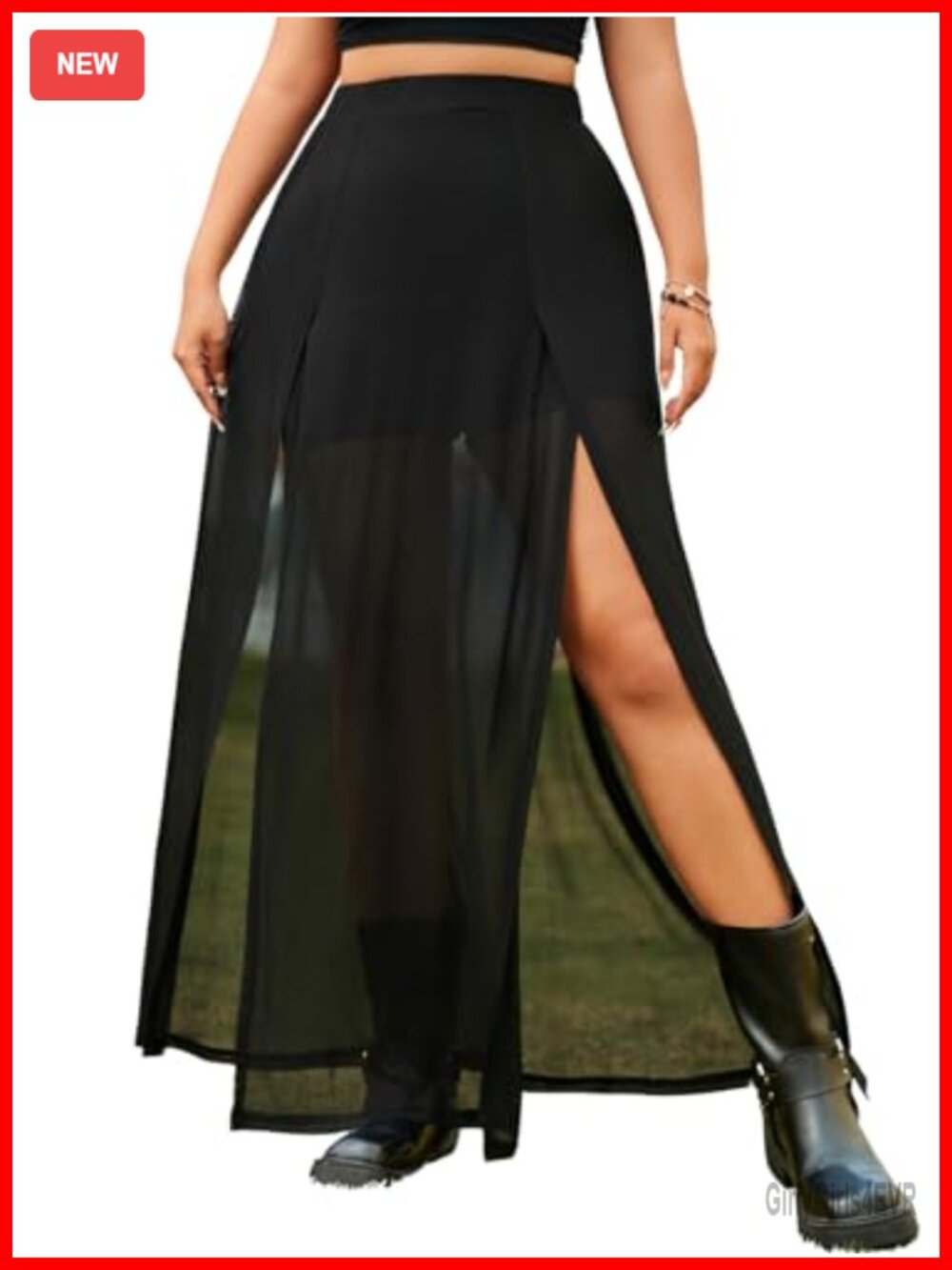 Plus Size High Waist Sheer Mesh A Line Long Skirt Split Side
